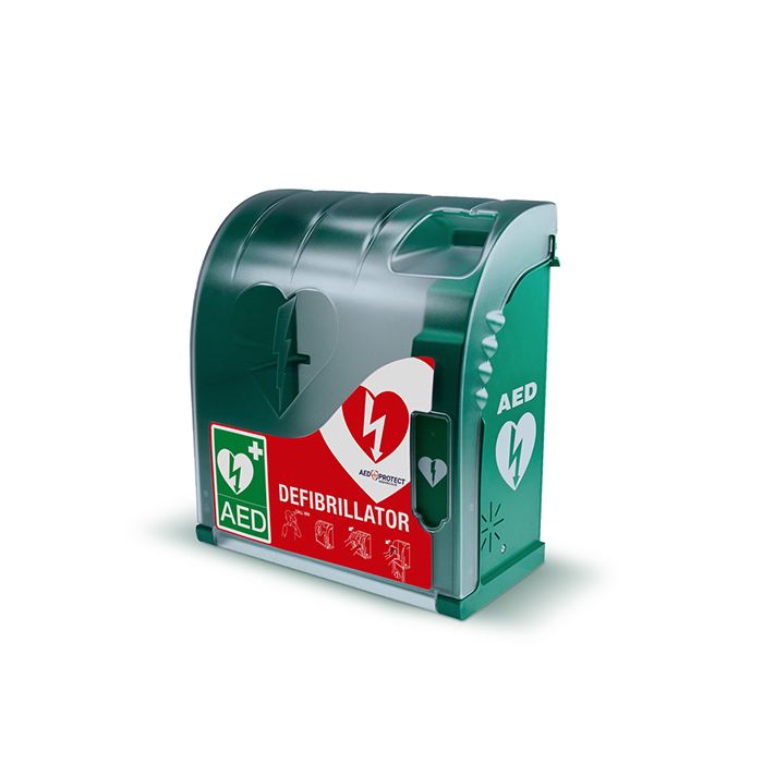 AIVIA 210 DEFIBRILLATOR CABINET C/W HEATING & ALARM - Green AIVIA 210 DEFIBRILLATOR CABINET C/W HEATING & ALARM - Green