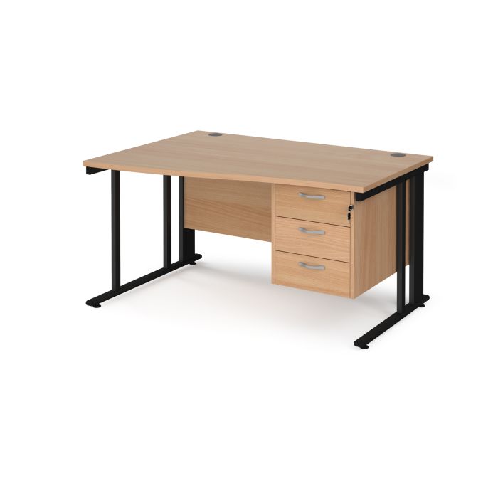 Maestro 25 cable managed left hand wave desk with 3 drawer ped-Beech Maestro 25 cable managed left hand wave desk with 3 drawer ped-Beech
