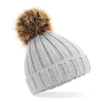 Infant/junior fur pom pom chunky beanie - Light Grey - Junior